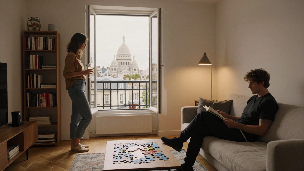 A client and companion relaxing in a peaceful Paris apartment with natural light and books.