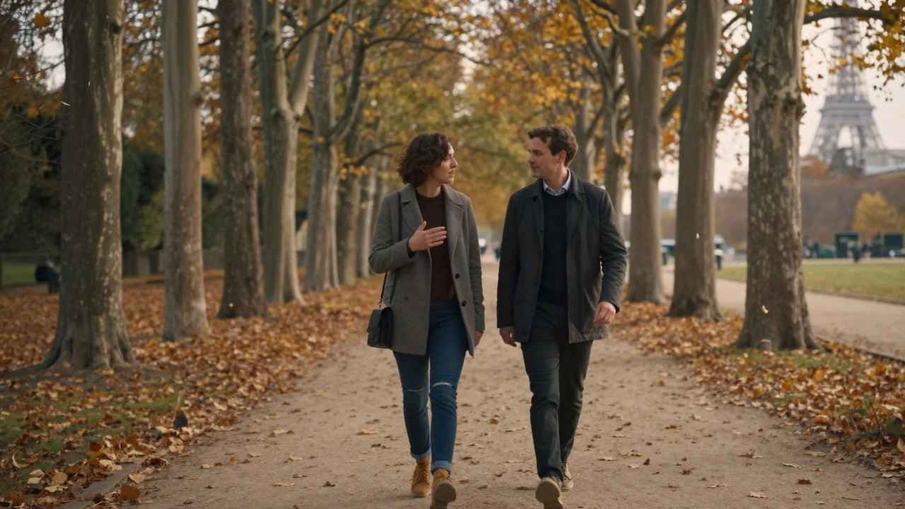 A couple walking calmly through Luxembourg Gardens in autumn, enjoying the quiet moment.