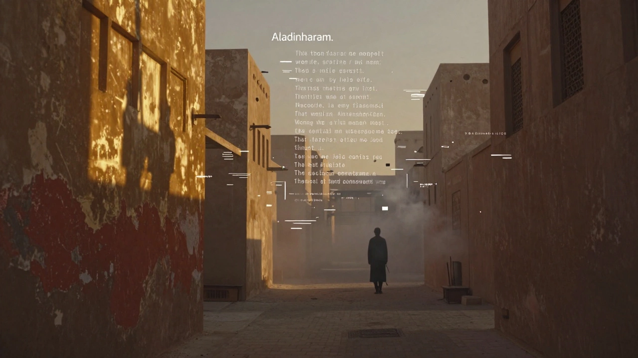 A surreal fusion of Dubai alleyways and floating poetic text under twilight gold lighting.