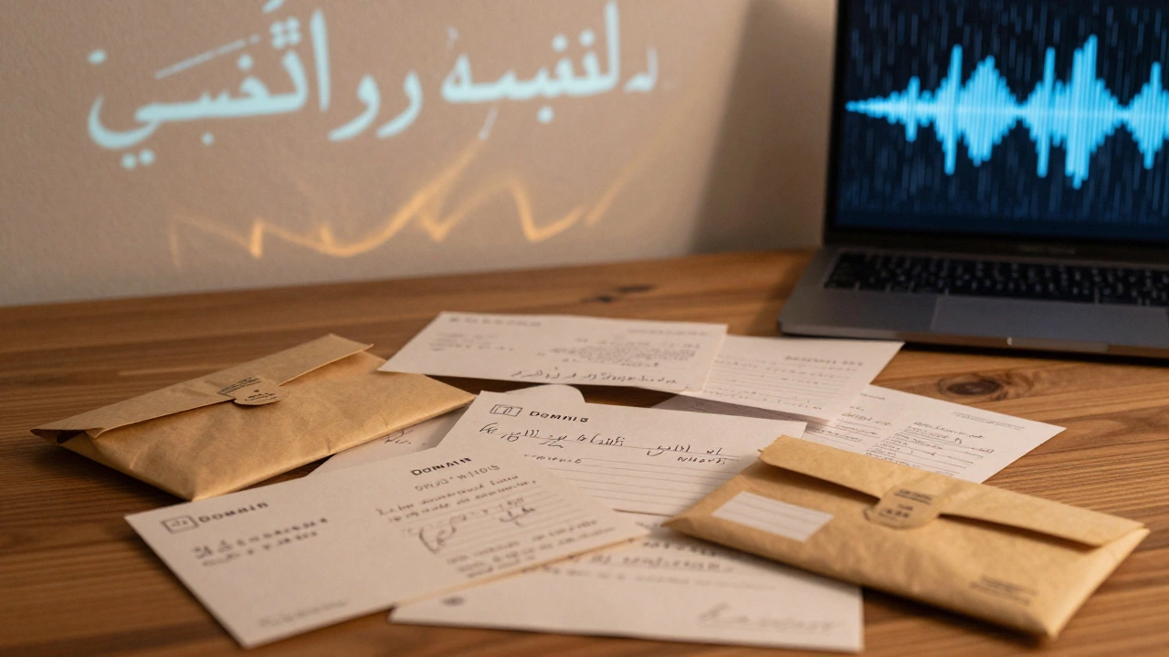 Piles of handwritten letters on a table with a faint projection of drifting sand and Arabic phrases.